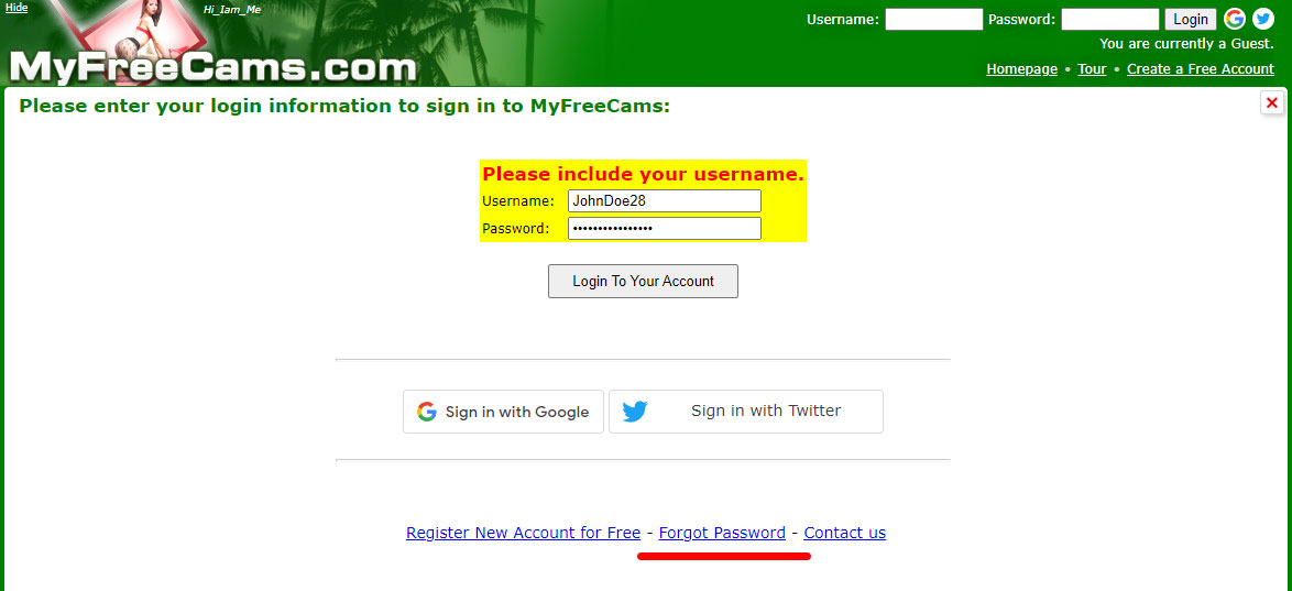 MyFreeCams - Restore password