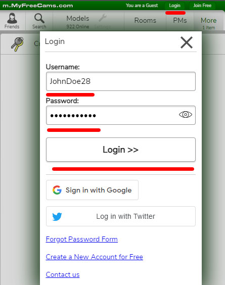 MyFreeCams - Log in account via mobile phone