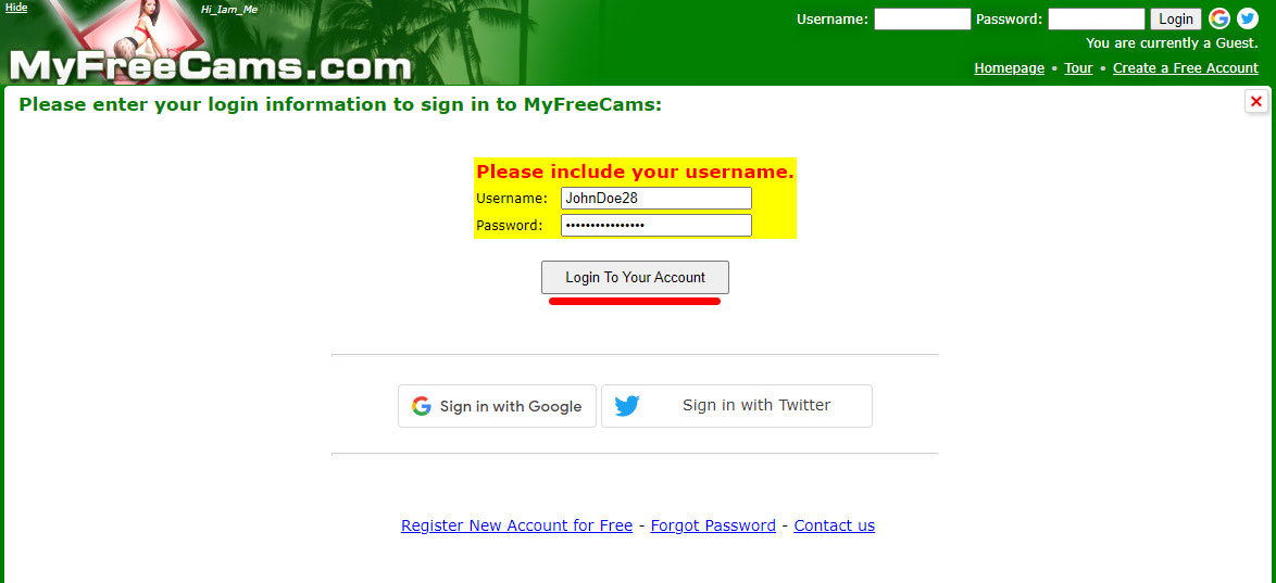 MyFreeCams - Log in account via web