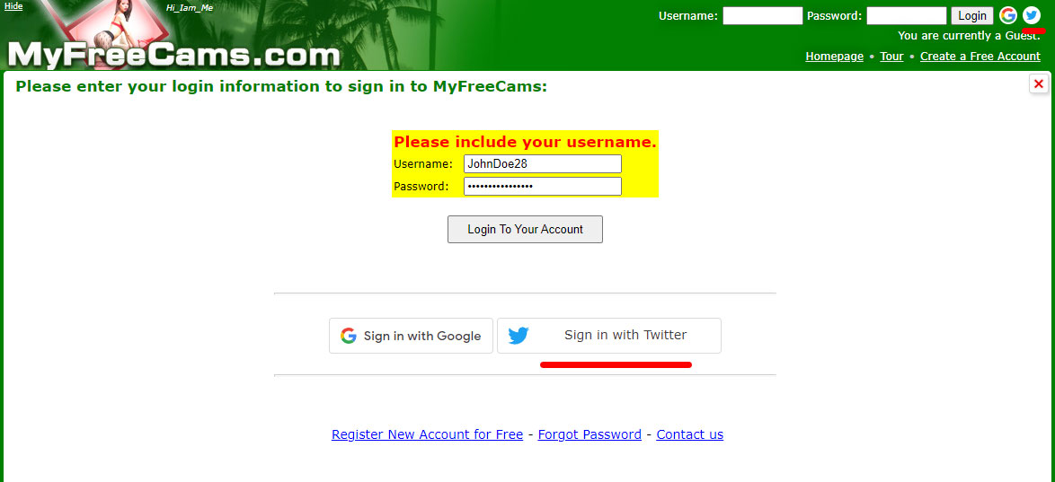 MyFreeCams - Log in account with twitter