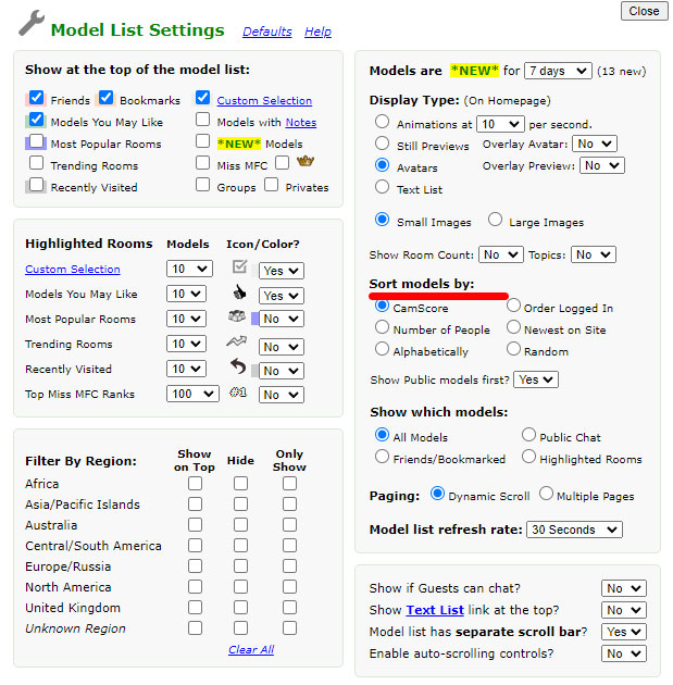 MyFreeCams - Sort models